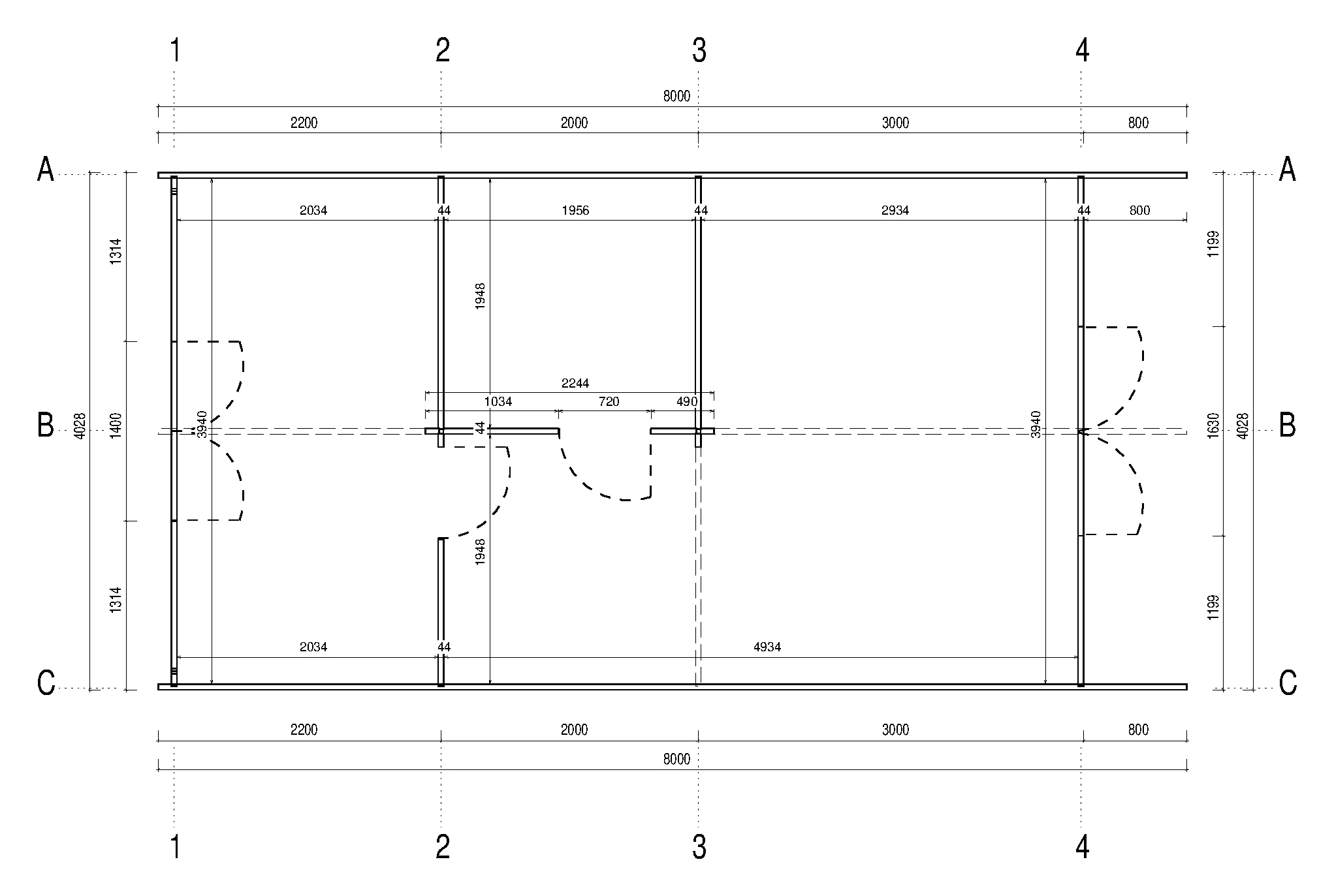 Floor plan of an 8 by 4 metre glamping pod on a grid of lines 1 to 4 and A to C, with wall positions and door swings