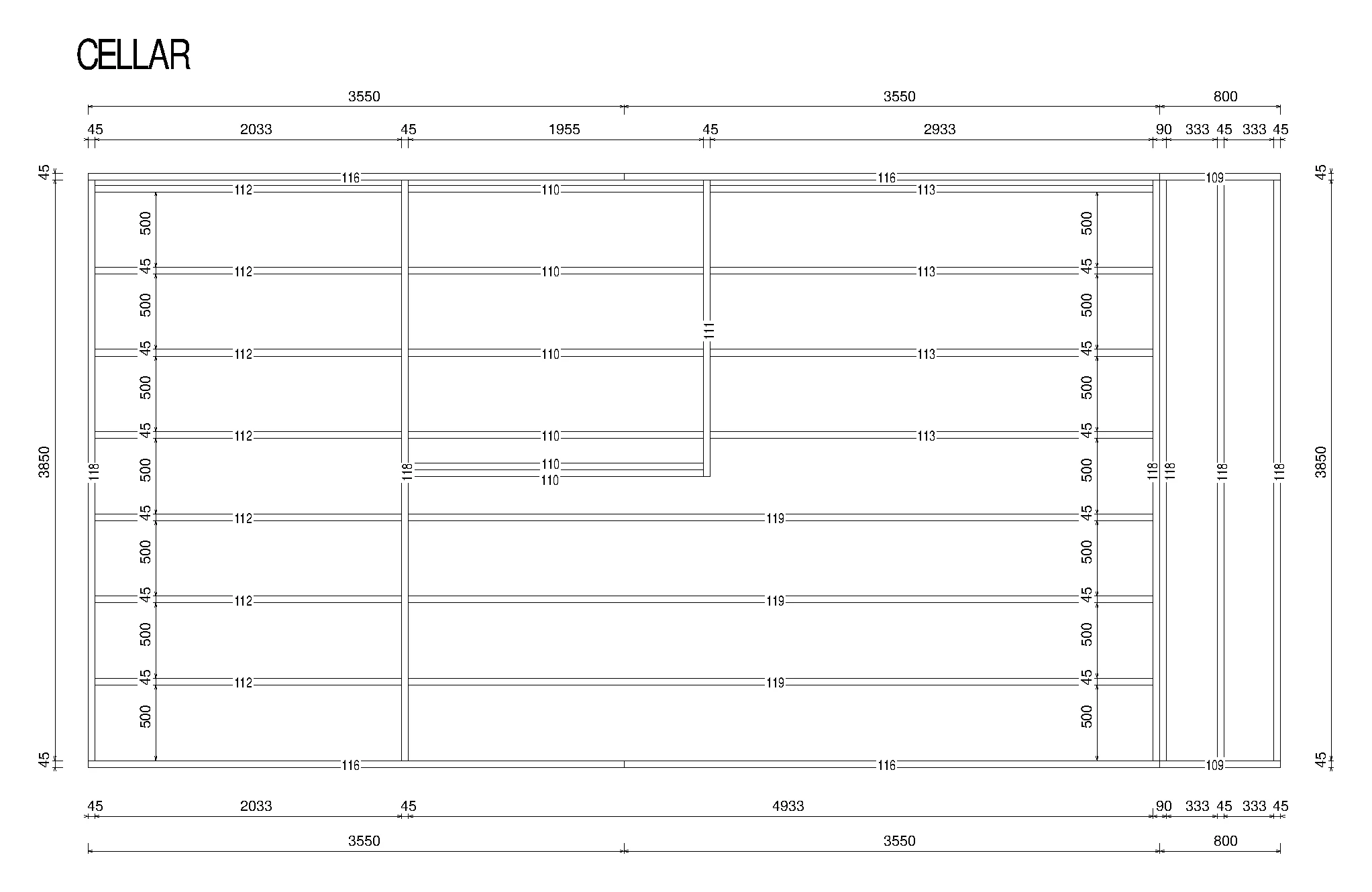 Drawing of the base frame, a grid of 45 mm timbers at 500 mm spacing with a part number on each piece