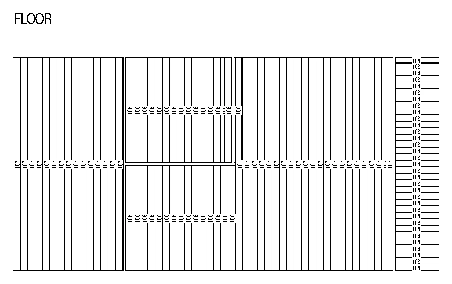 Drawing of the floor boards laid across the frame, marked with part numbers 106, 107 and 108