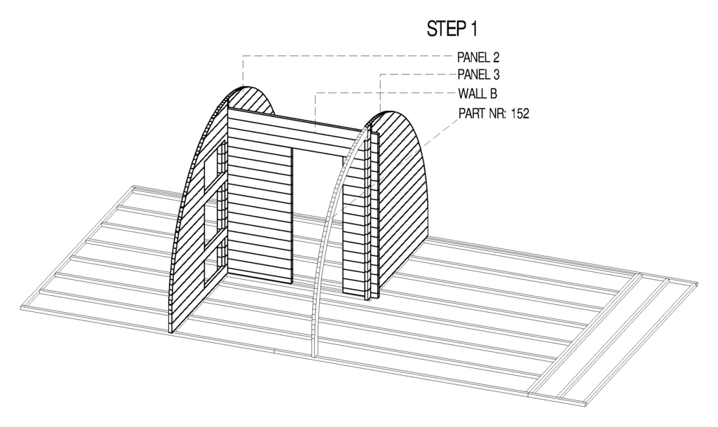 Instruction sheet, step 1: the two inner arched panels standing on the floor with the short wall B between them