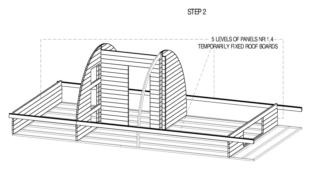 Instruction sheet, step 2: the first five courses of both end walls laid, with roof boards fixed on temporarily