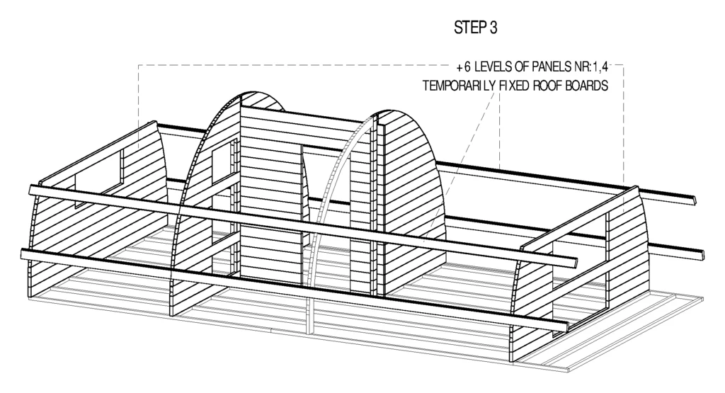 Instruction sheet, step 3: six more courses added to both end walls