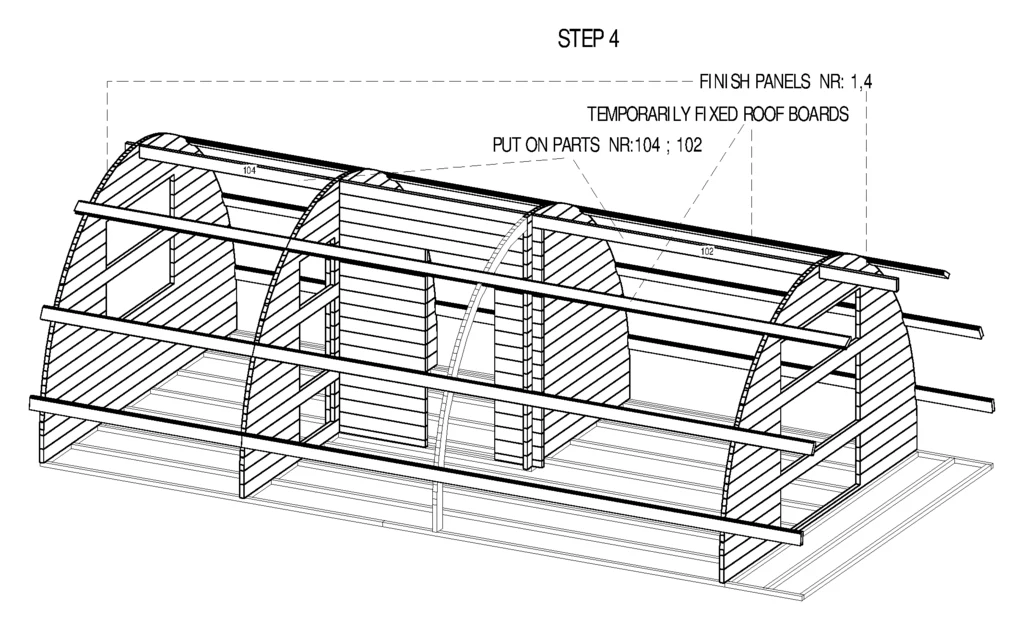 Instruction sheet, step 4: both end walls at full height and parts 104 and 102 placed along the top
