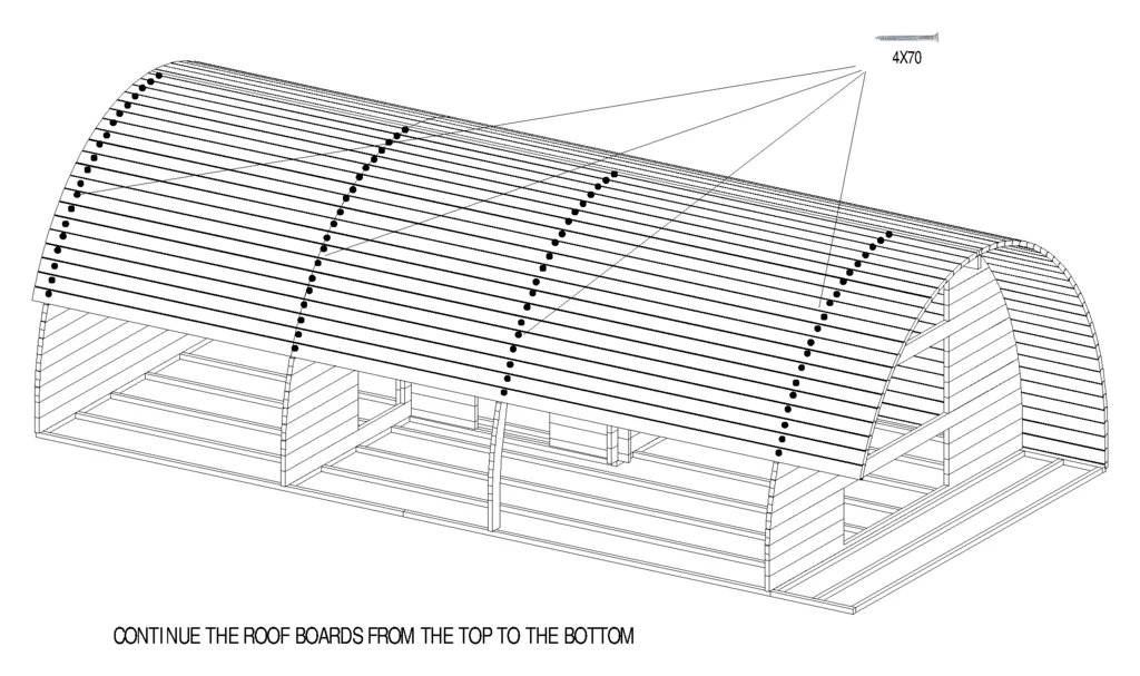 Instruction sheet showing the curved roof boards laid from the top down, with dots marking the screw lines on each arch