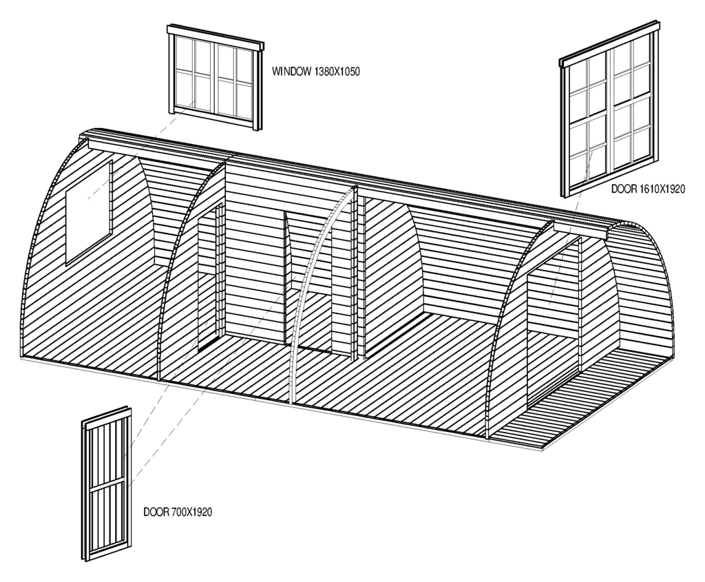Instruction sheet showing the window, the external door and the internal door as finished units going into their openings