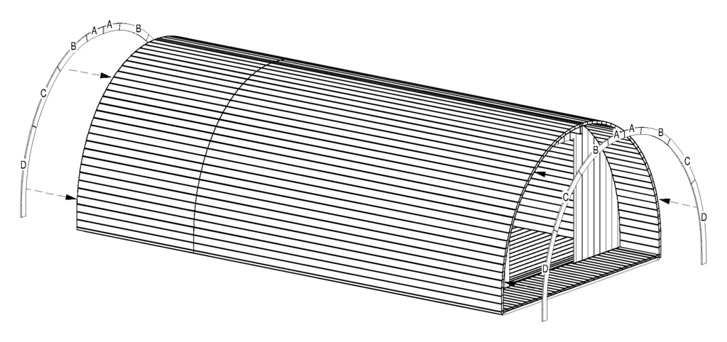 Instruction sheet showing the finished shell of the pod with curved trim pieces A to D fitted around both ends