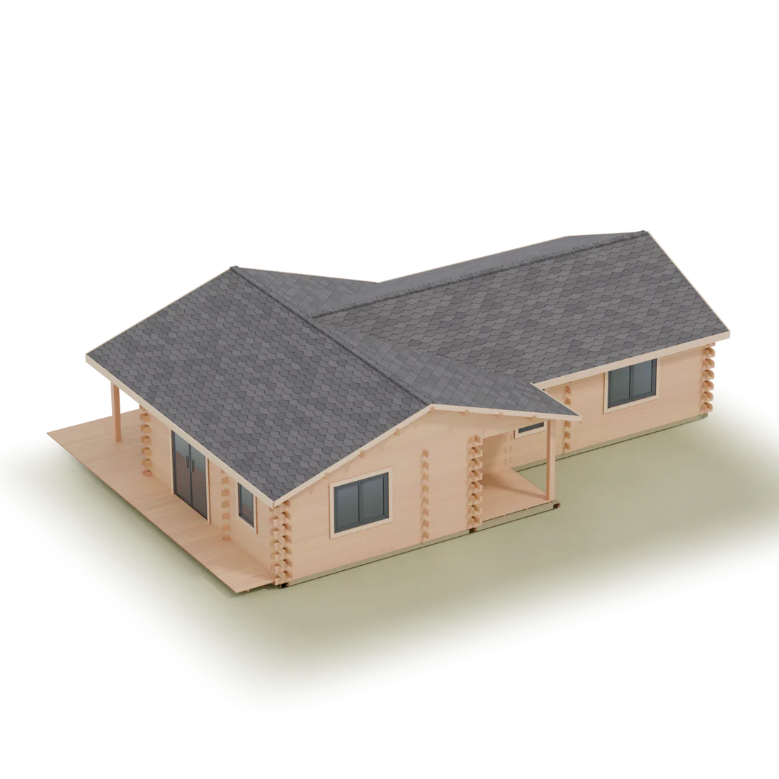 Step 7, the log cabin complete, bitumen shingle roof and covered terrace