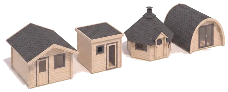 A small cabin, a hobby workshop, a BBQ hut and a glamping pod side by side