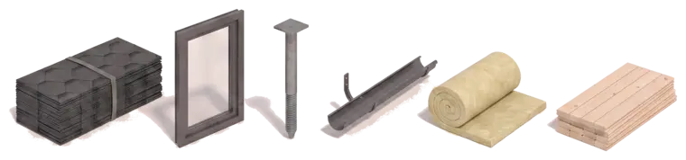 Bitumen shingles, a window unit, guttering, insulation and terrace boards