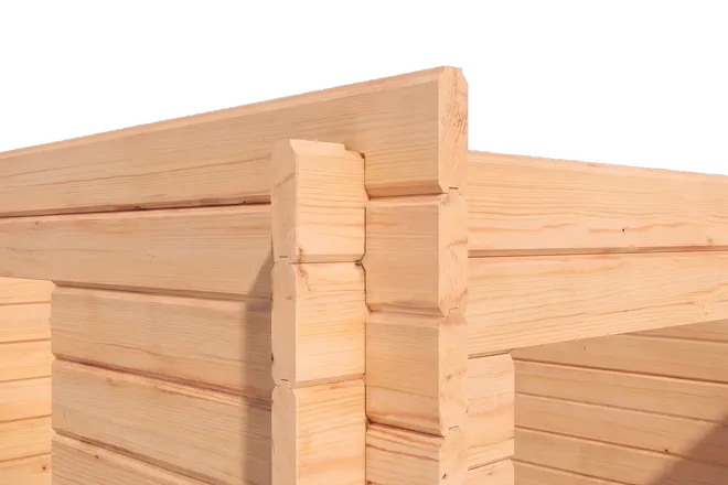 Frame 02, Wall logs interlock at the corner, ends projecting