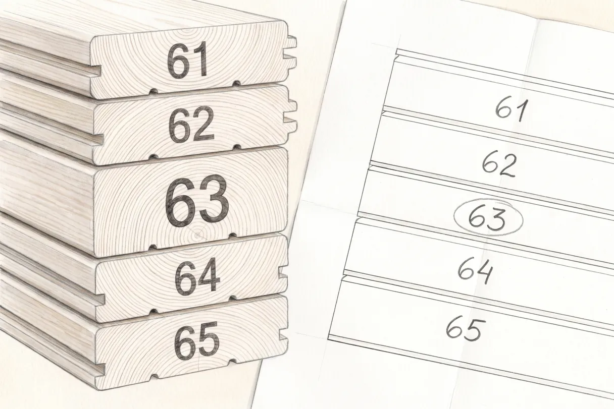 Illustration: five wall logs in a stack, numbered 61 to 65 on their ends, next to a wall drawing marked with the same numbers, with 63 circled on the drawing