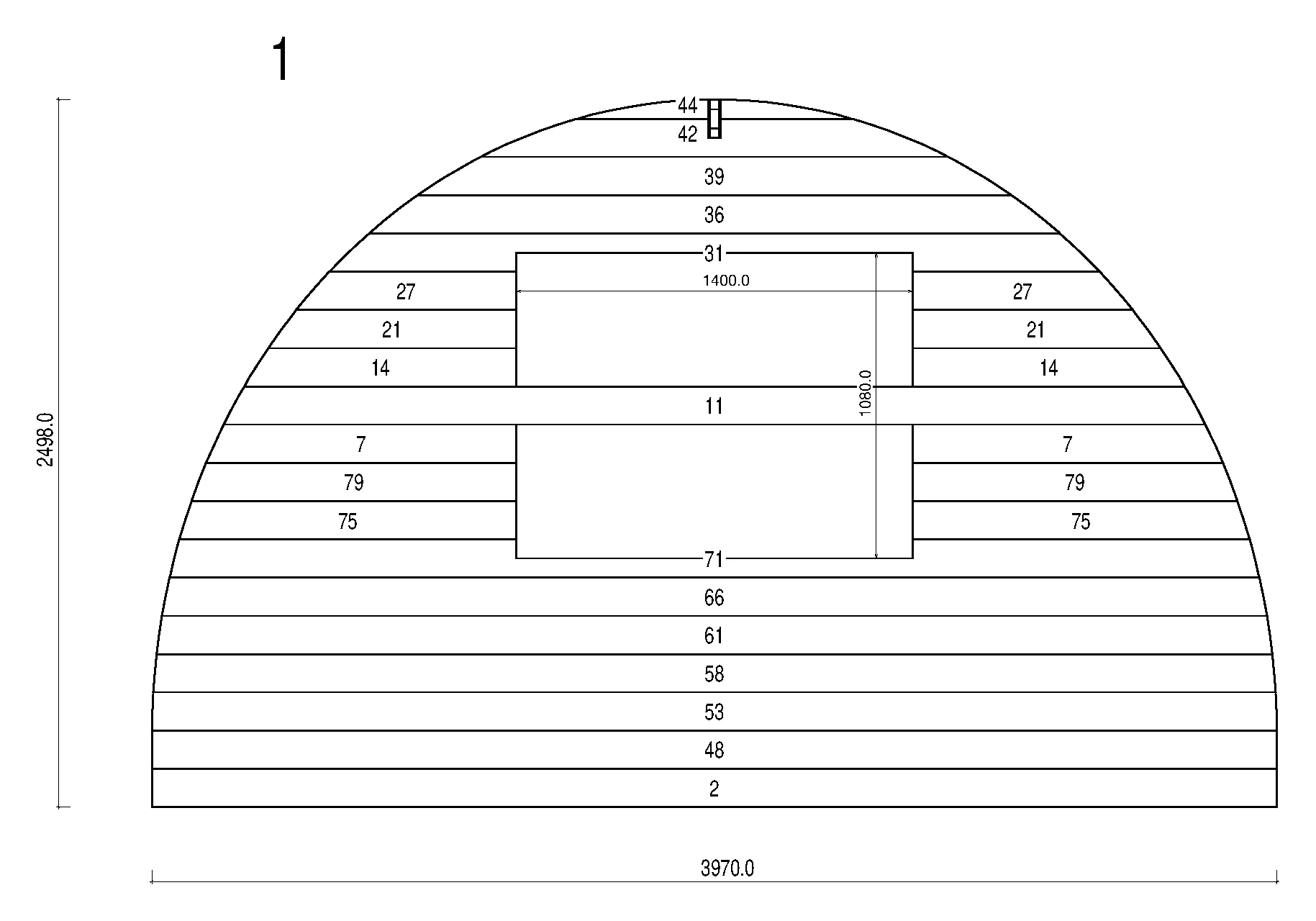 A sheet from the assembly instructions: the arched end panel of a glamping pod, drawn board by board, with the structural parts numbered