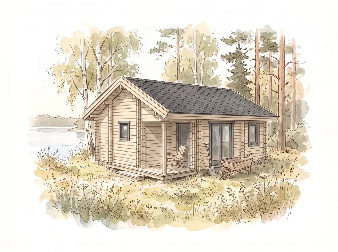 A small log cabin with a veranda standing on its own plot by a lake