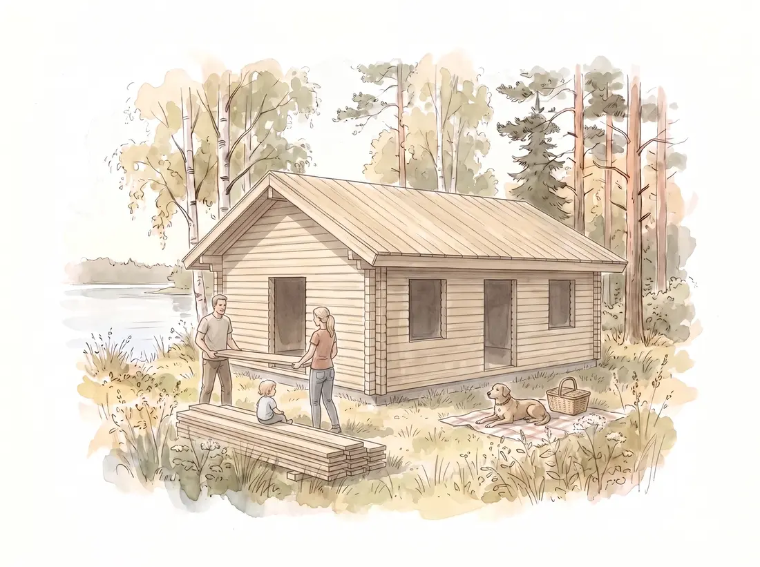 A couple lifting a roof board onto a small gabled cabin while a child watches from a stack of planks
