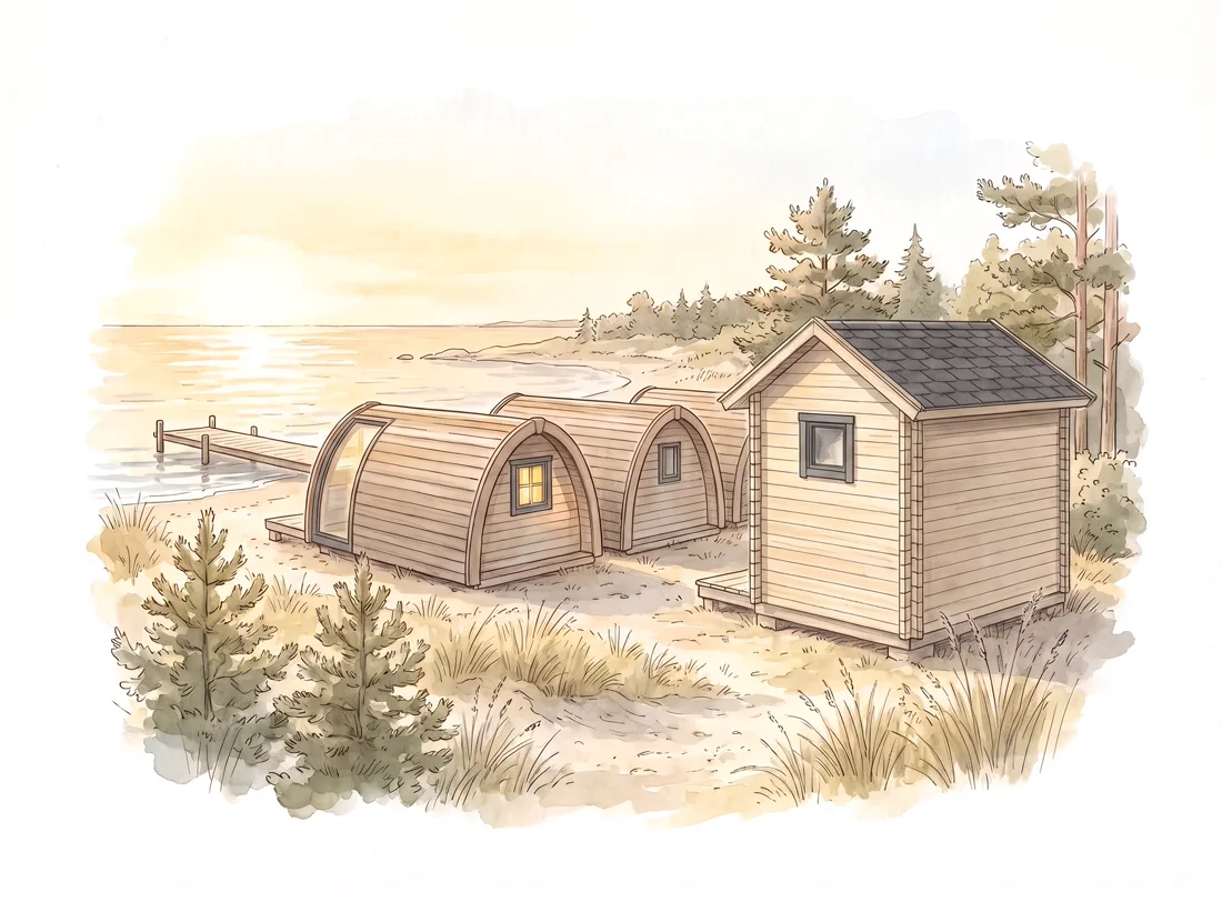 Three camping pods and a timber sauna on a sea shore with a jetty