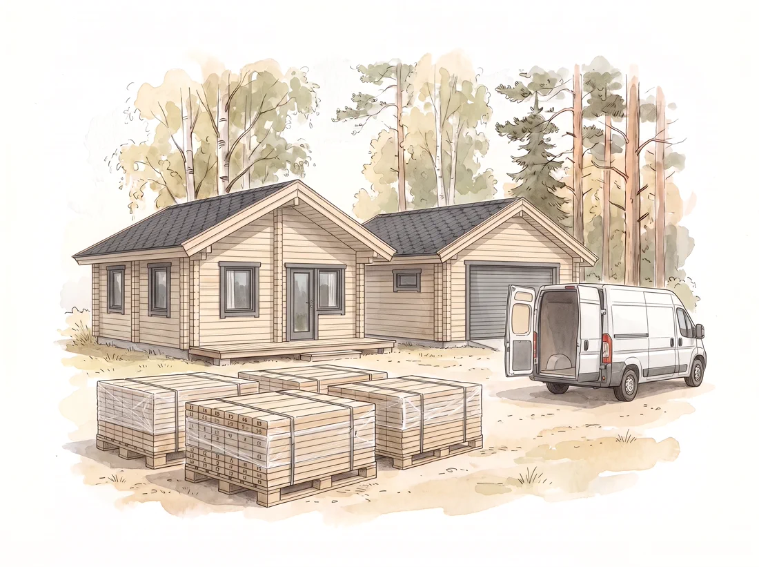 Wrapped pallets of numbered timber parts in a yard with two finished buildings behind