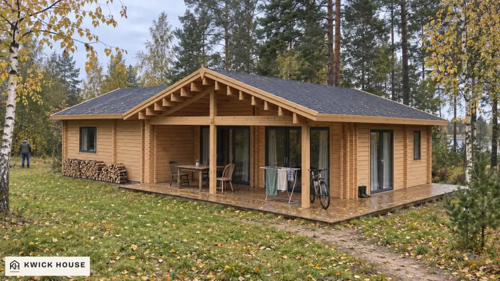 Log Cabin 68 m², Twin Skin, visualisation of the terrace side on a woodland plot in autumn