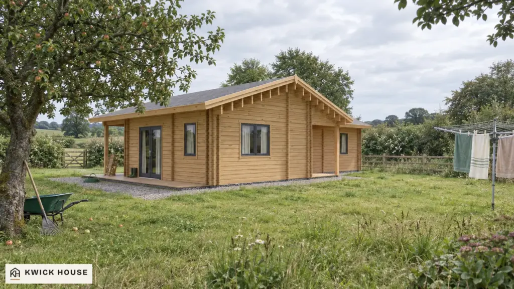 Log Cabin 68 m², Twin Skin, visualisation in a country garden under an overcast sky