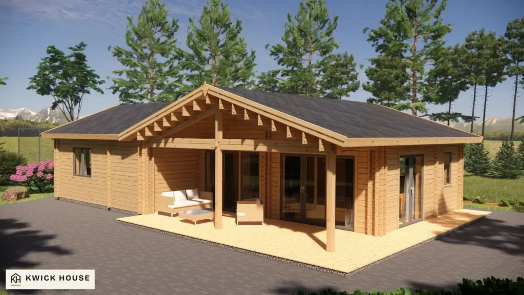 Log Cabin 68 m², Twin Skin, visualisation of the covered terrace with glazed double doors