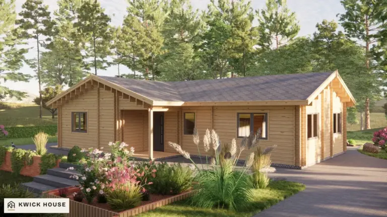 Log Cabin 68 m², Twin Skin, visualisation of the entrance side with its recessed porch
