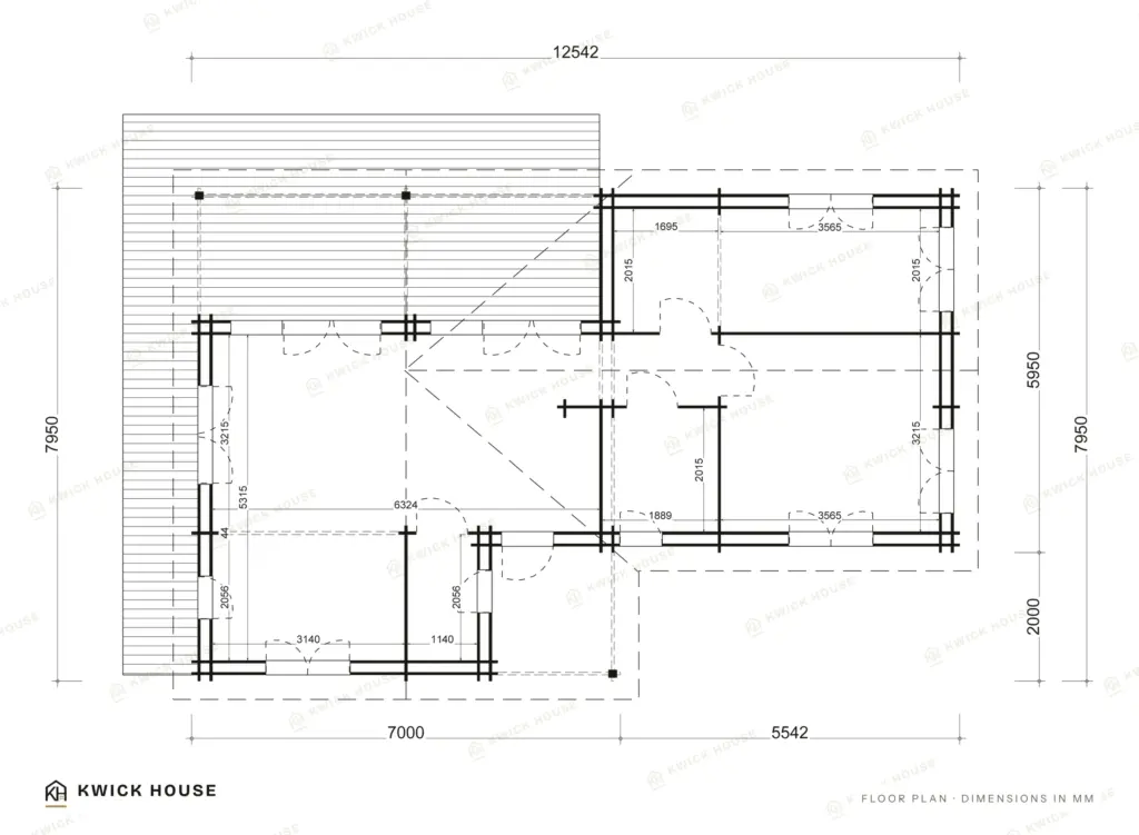 Log Cabin 68 m², Twin Skin, floor plan with dimensions in millimetres