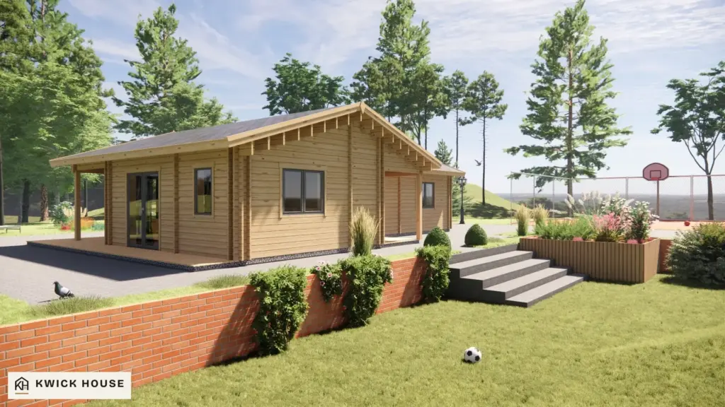 Log Cabin 68 m², Twin Skin, visualisation of the gable end beside the entrance porch, seen from one corner