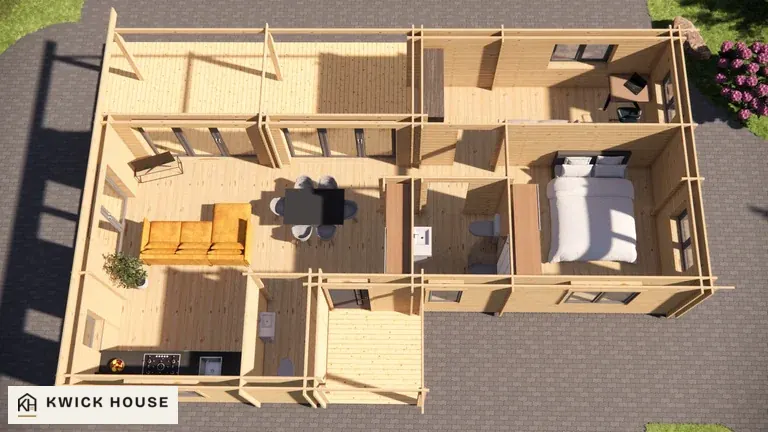 Log Cabin 68 m², Twin Skin, cutaway visualisation from above showing the room layout