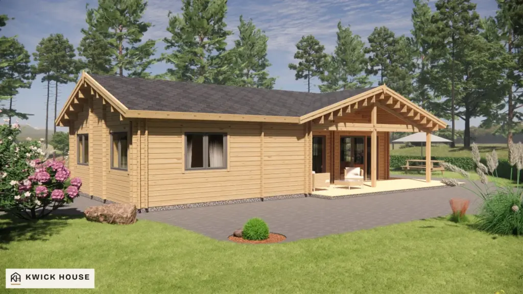Log Cabin 68 m², Twin Skin, visualisation of the long side with the covered terrace on the right