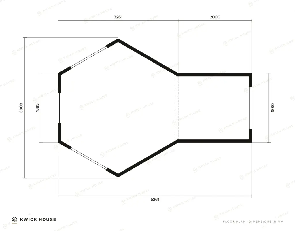 BBQ Hut 9.2 m² with 1.8m Extension, floor plan with dimensions in millimetres