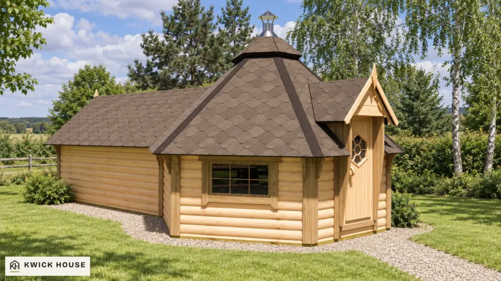 BBQ Hut 9.2 m² with 2.5m Extension, visualisation of the entrance porch with the door, a window and the extension
