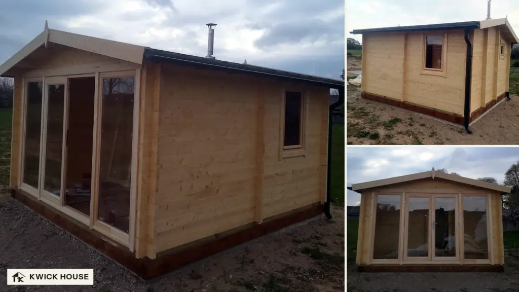 Garden sauna cabin with a fully glazed front and a flue pipe through the roof