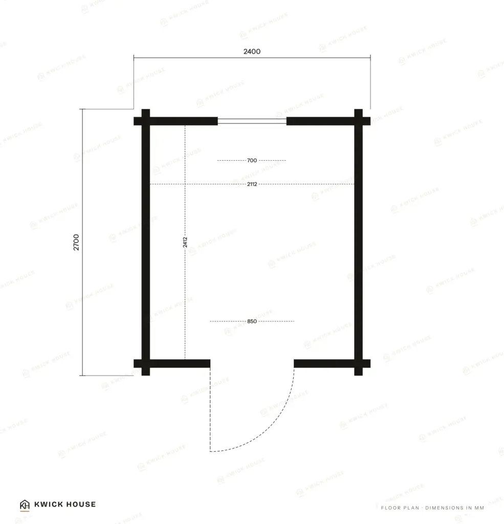 Glamping Cabin 2.7m x 2.4m, 5 m², floor plan with dimensions in millimetres