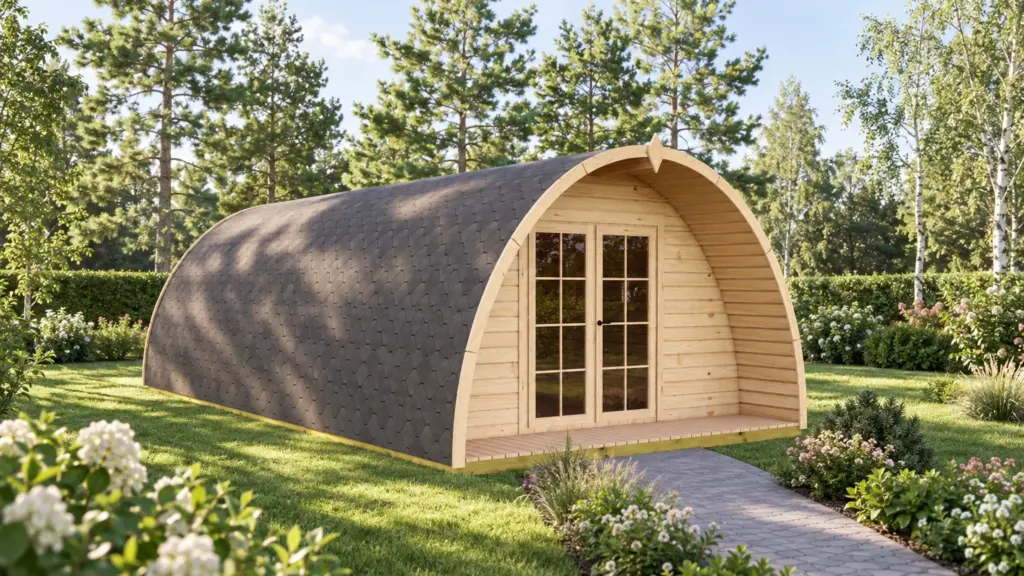 Glamping Pod 10m x 4m, 40 m², visualisation of the door end with glazed double doors in the arched porch and a path to it