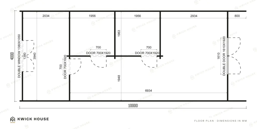 Glamping Pod 10m x 4m, 40 m², floor plan with dimensions in millimetres