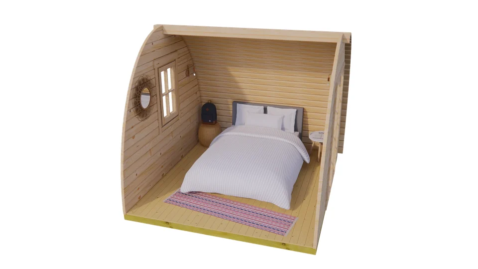 Glamping Pod 3m x 3m, 9 m², cutaway view from above showing the layout