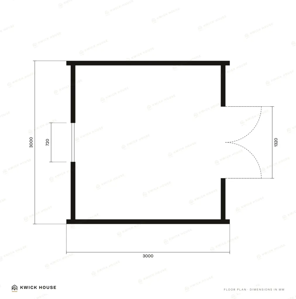 Glamping Pod 3m x 3m, 9 m², floor plan with dimensions in millimetres