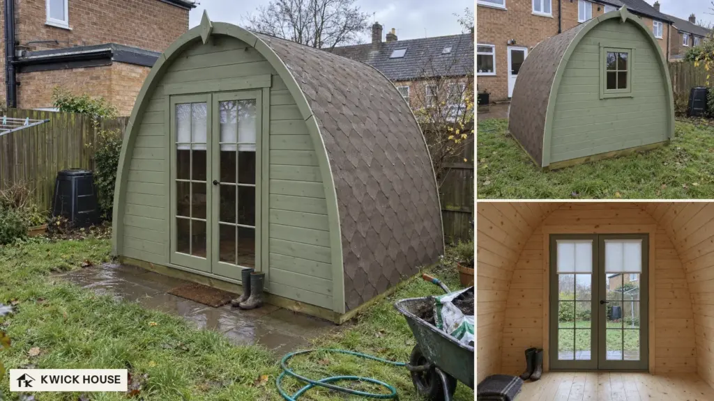 Glamping Pod 3m x 3m, 9 m², painted sage green in a narrow back garden; small views of the window end and the interior