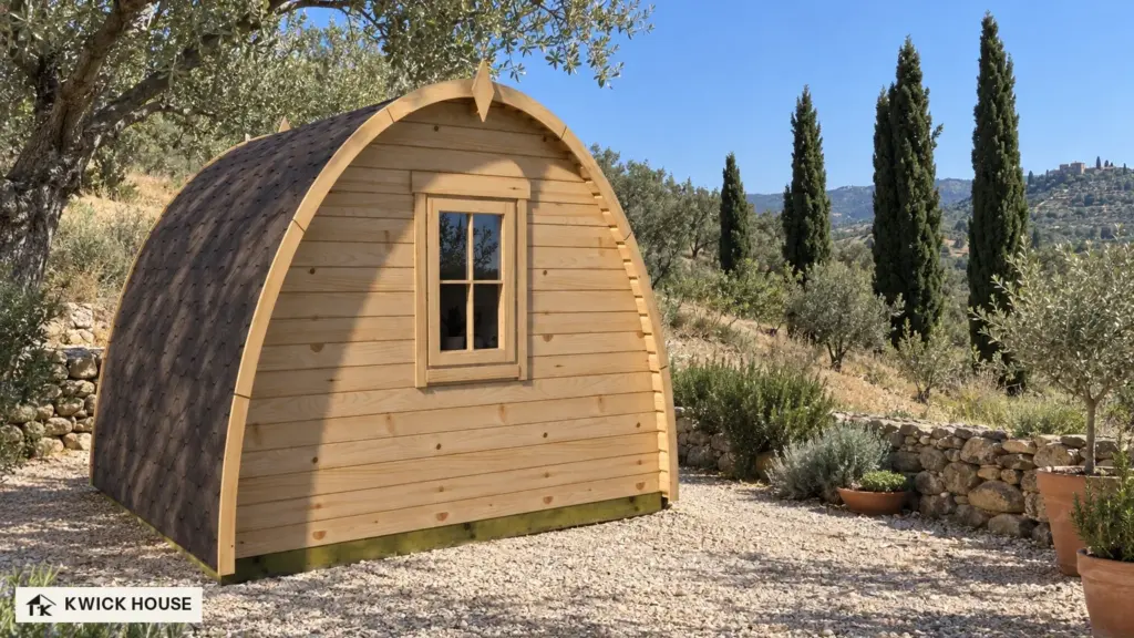 Glamping Pod 3m x 3m, 9 m², on a gravel terrace cut into a dry hillside, among olive trees