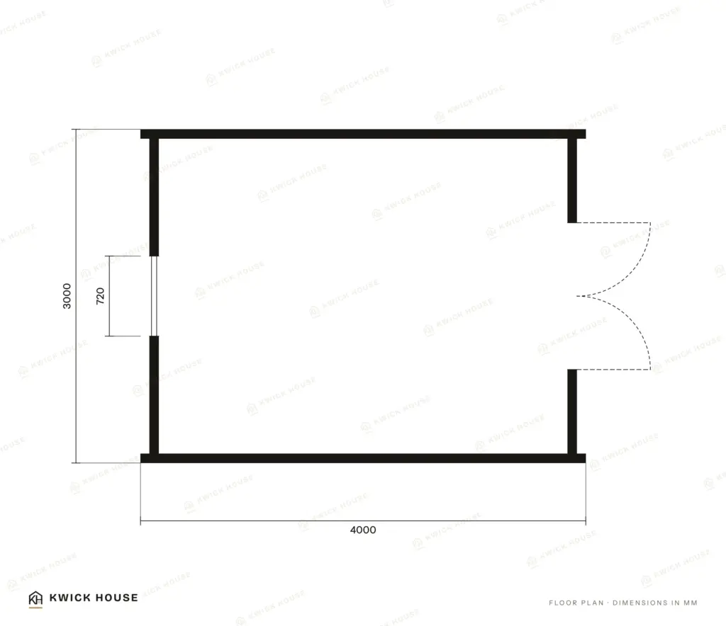 Glamping Pod 4m x 3m, 12 m², floor plan with dimensions in millimetres