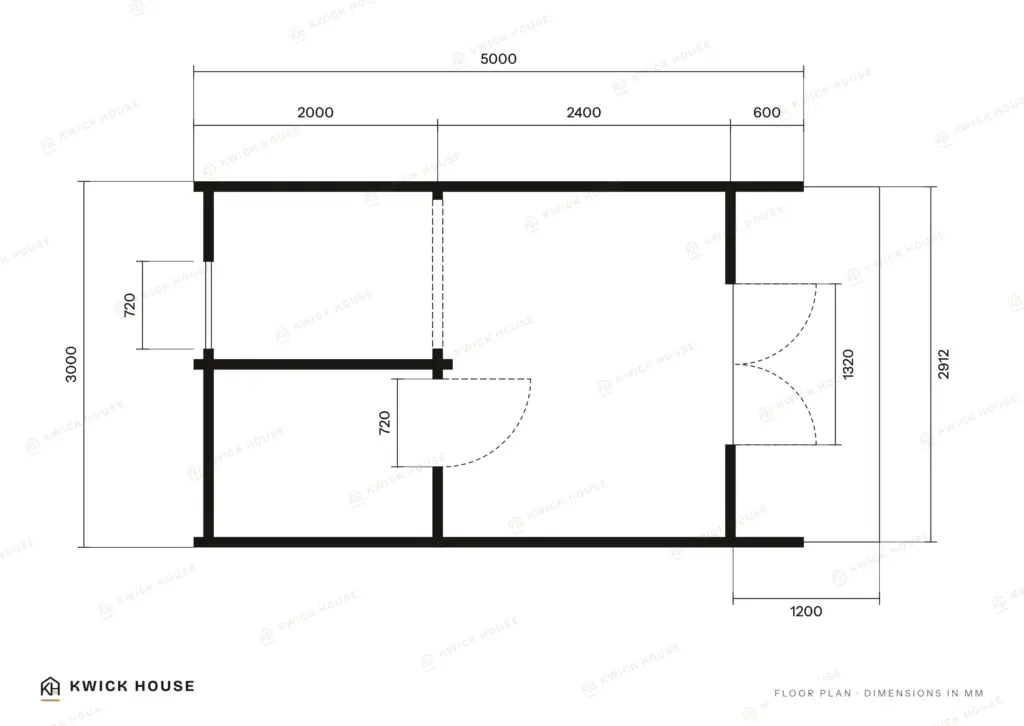 Glamping Pod 5m x 3m, 15 m², floor plan with dimensions in millimetres
