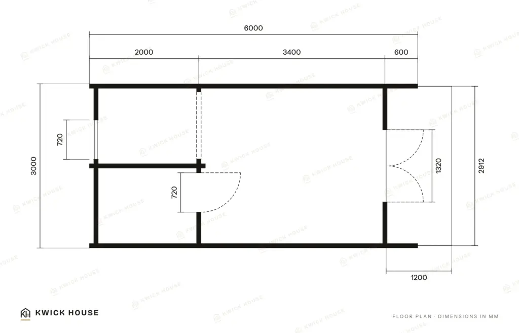 Glamping Pod 6m x 3m, 18 m², floor plan with dimensions in millimetres