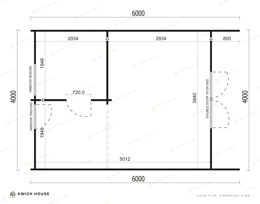 Glamping Pod 6m x 4m, 24 m², floor plan with dimensions in millimetres