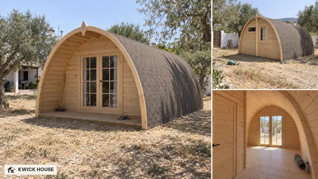 Glamping Pod 6m x 4m, 24 m², front with glazed double doors among olive trees; small views of the back and the interior