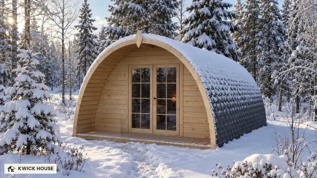 Glamping Pod 6m x 4m, 24 m², in a snowy clearing ringed by spruces and birches