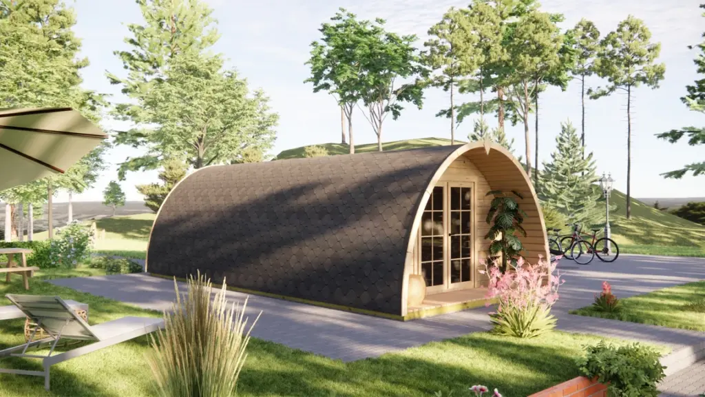 Glamping Pod 8m x 4m, 32 m², 1 Bedroom: render from the end, with a glazed double door and the optional shingle roof
