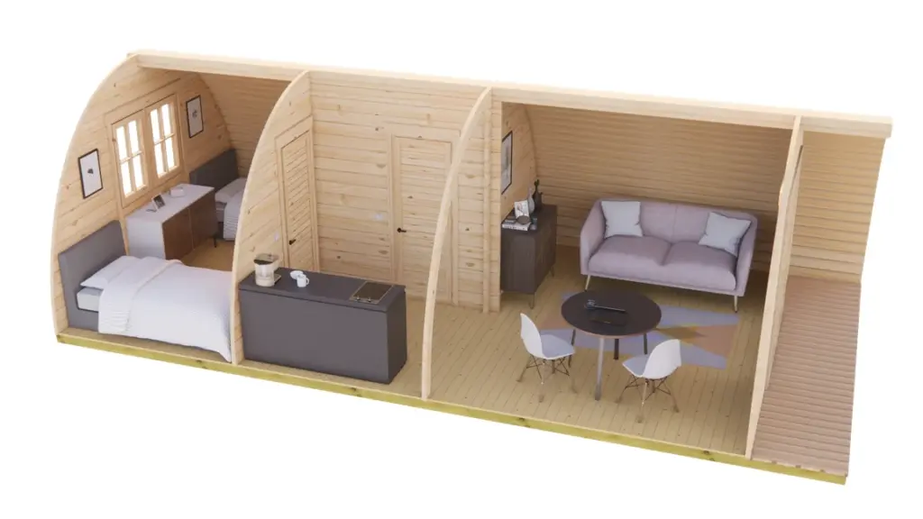 Glamping Pod 8m x 4m, 32 m², 1 Bedroom, cutaway view from above showing the layout