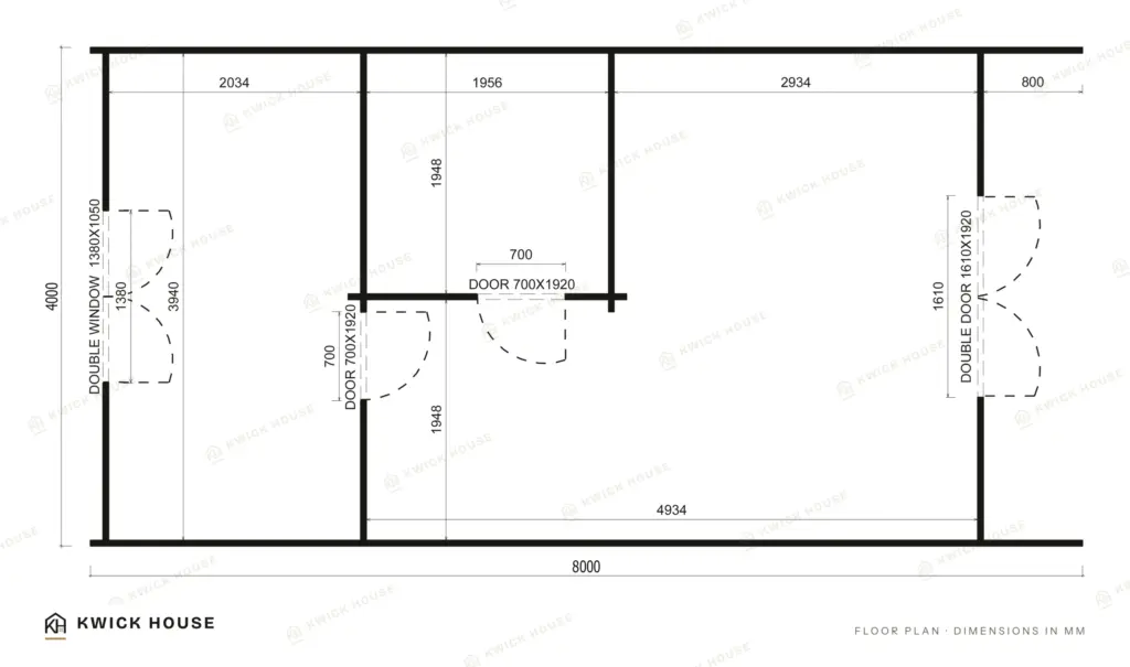 Glamping Pod 8m x 4m, 32 m², 1 Bedroom, floor plan with dimensions in millimetres