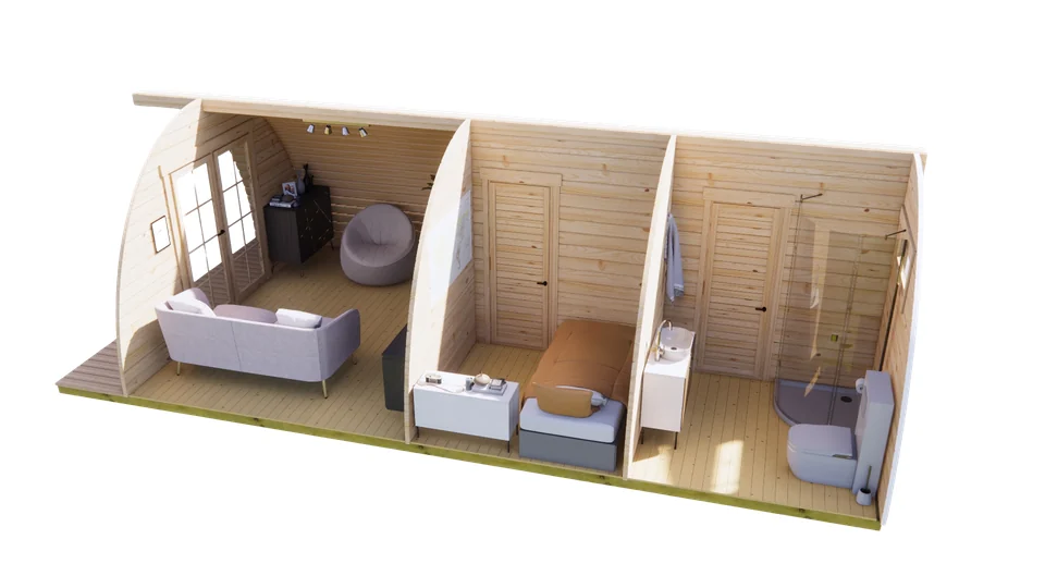 Glamping Pod 8m x 4m, 32 m², 2 Bedrooms, cutaway view from above showing the layout