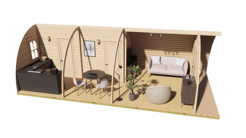 Glamping Pod 8m x 4m, 32 m², 2 Bedrooms, cutaway view from above showing the layout 2