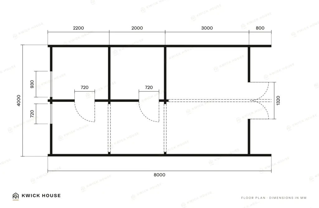 Glamping Pod 8m x 4m, 32 m², 2 Bedrooms, floor plan with dimensions in millimetres